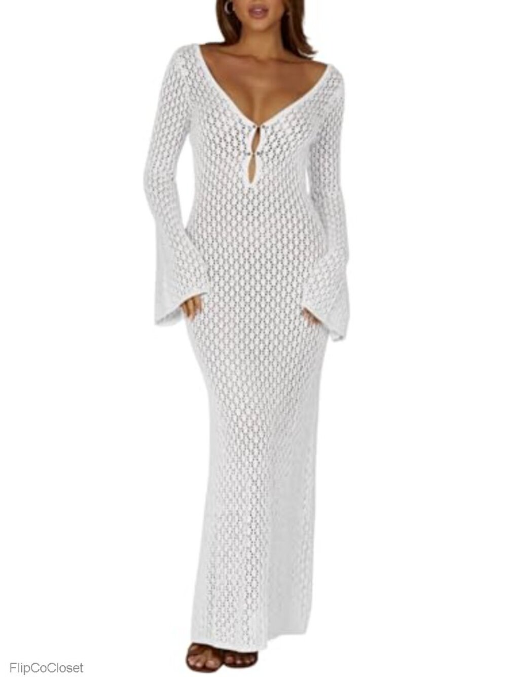 Crochet Maxi Cover Up Dress Beach Swim Vacation Long Sleeve Bodycon